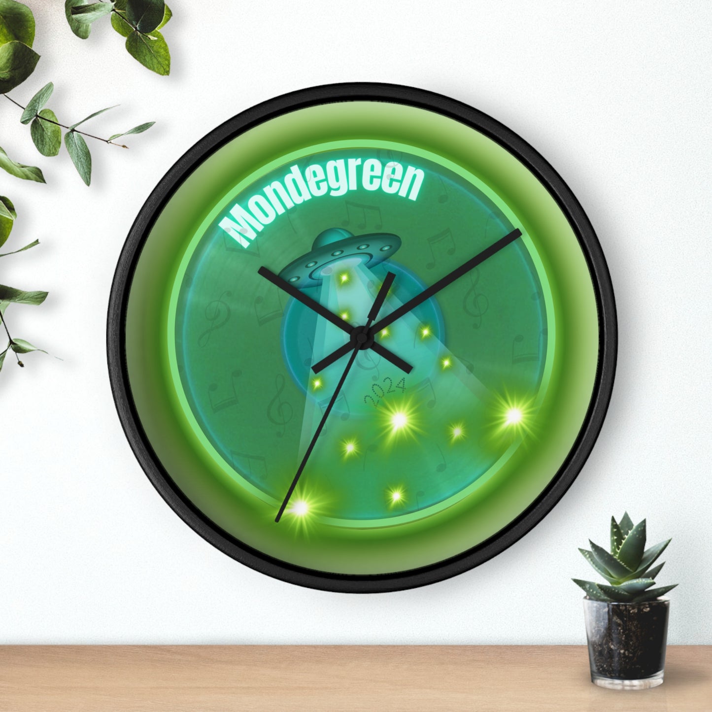 Lumpy Wall Clock - "Close Encounters of the Delaware Kind" - variant 1 - vivid green donut w/seafoam background