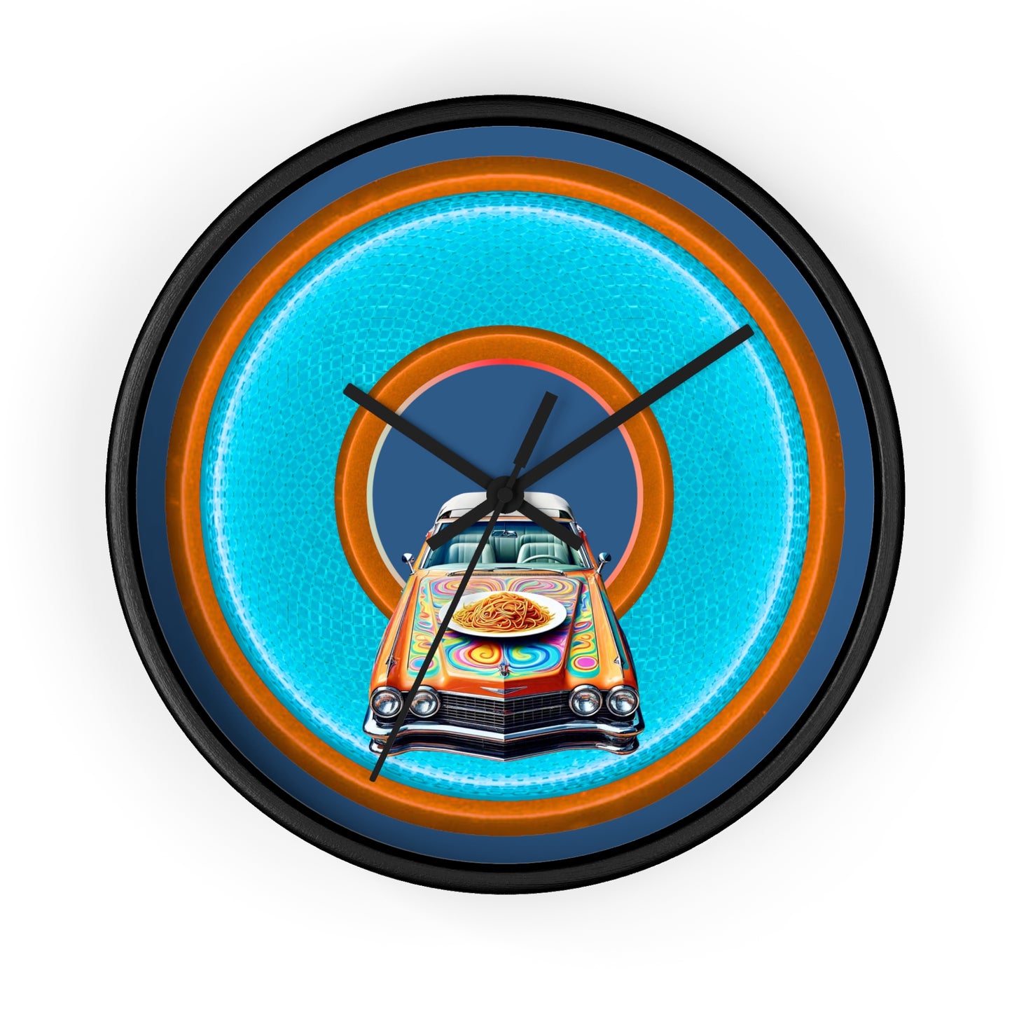 Lumpy Wall Clock - "Cadillac Rainbows & Eating on the Run" - variant 3 - rustic light blue/orange donut w/light navy blue background