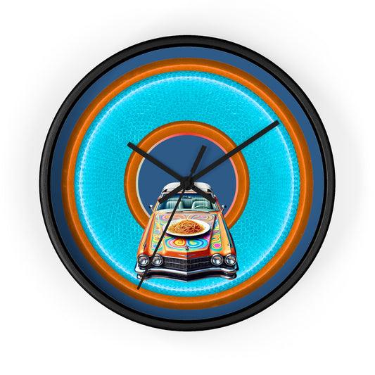 Lumpy Wall Clock - "Cadillac Rainbows & Eating on the Run" - variant 3 - rustic light blue/orange donut w/light navy blue background
