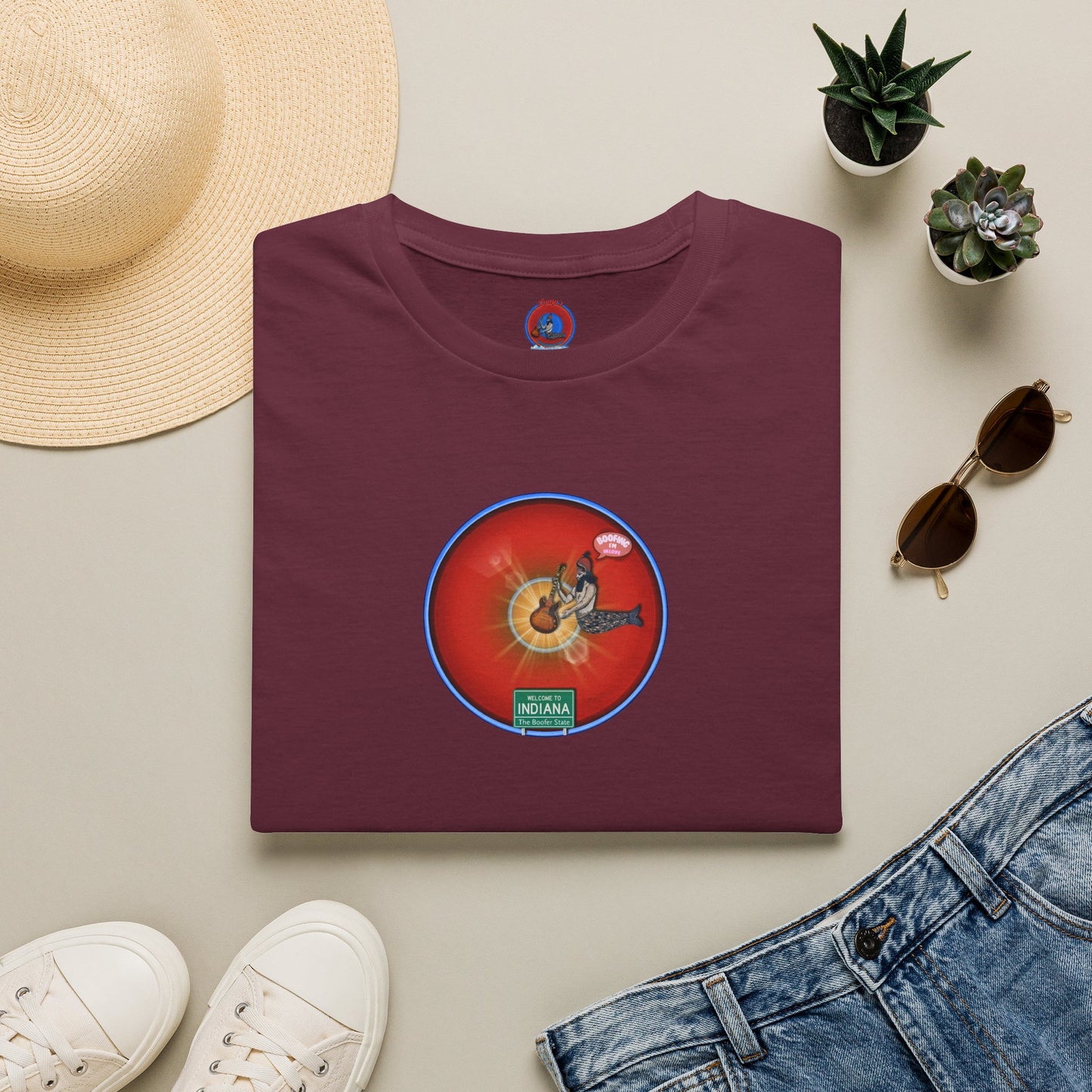 Classic Donut Tee - Unisex Soft-Style - "Indiana is for Boofers" - vivid red/blue plumpy donut - variant 2 - w/sun drop