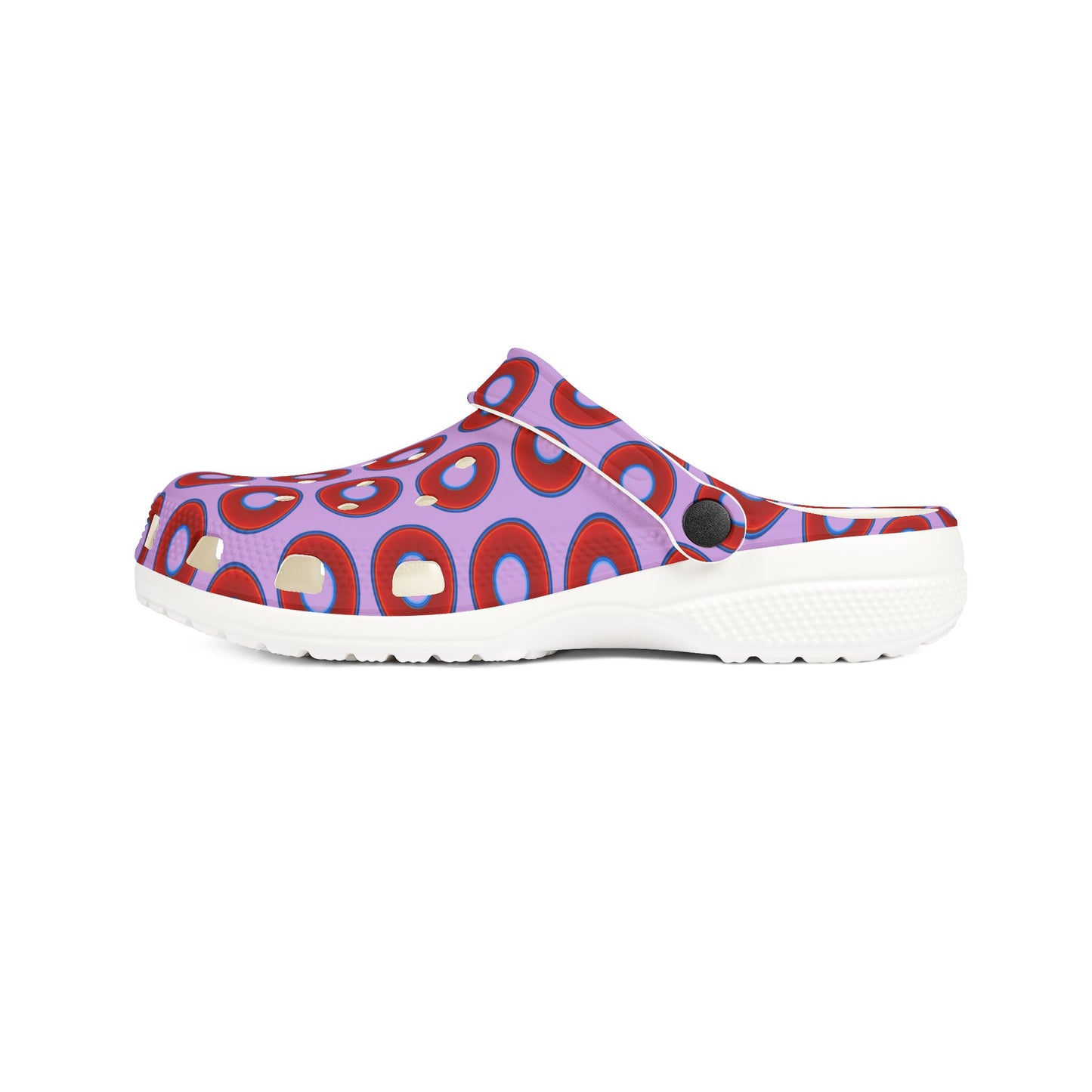 Spatchcocks - donut slip-on shoes - vivid red donuts w/wisteria purple background [unisex]