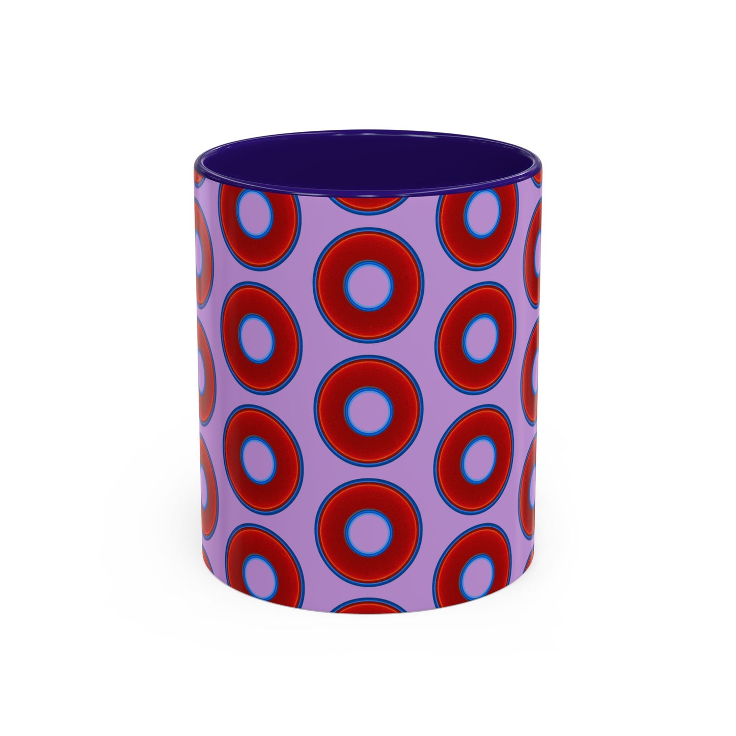 Lump's Grumpy Coffee Mug - vivid red donuts w/wisteria purple background