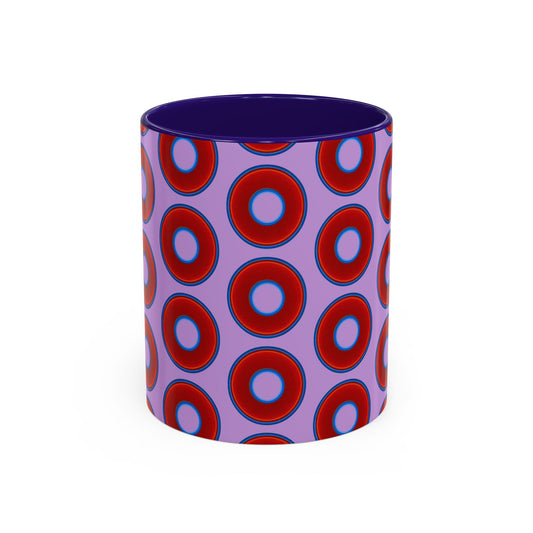 Lump's Grumpy Coffee Mug - vivid red donuts w/wisteria purple background