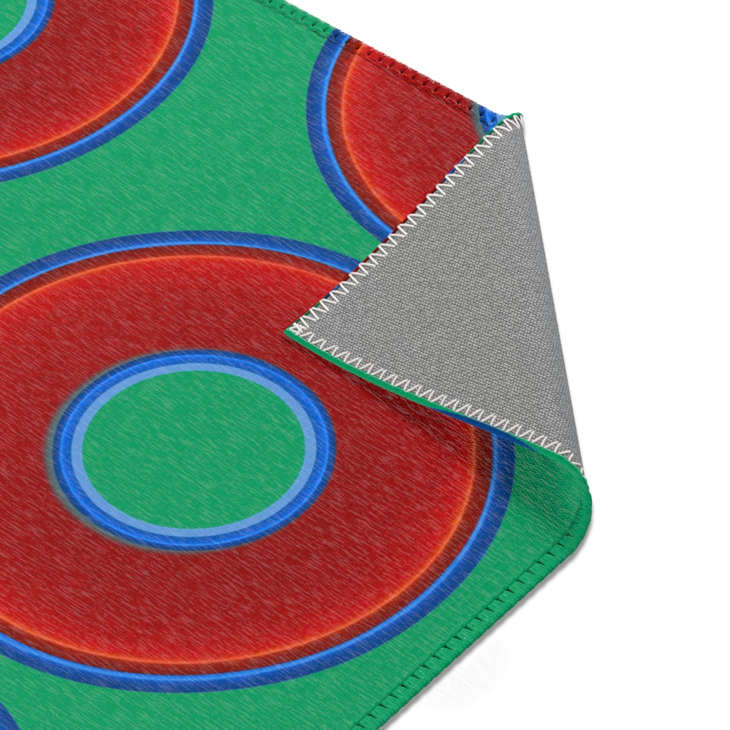 Lumpy Donut Print Rug - choice of 3 sizes - vivid red donut print w/jade green background