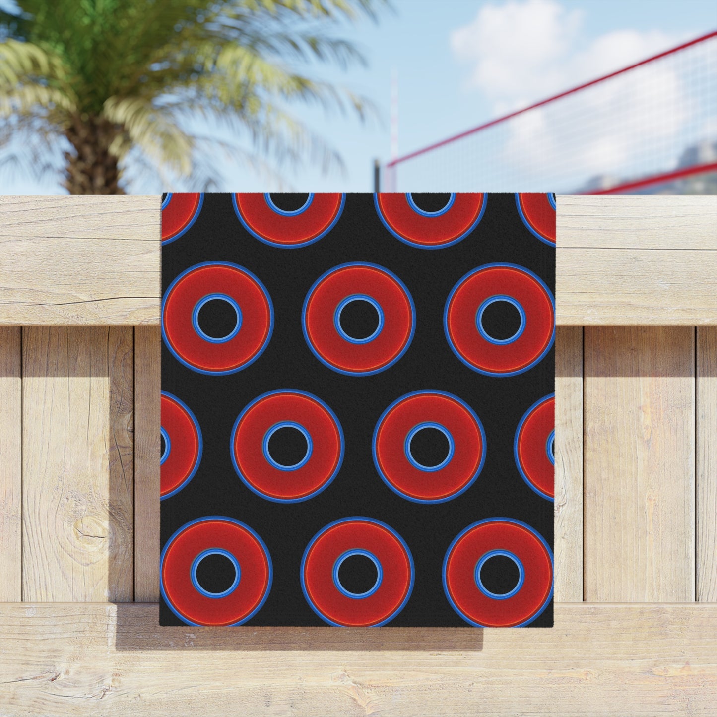 Lumpy Donut Towels - vivid red donuts w/black background