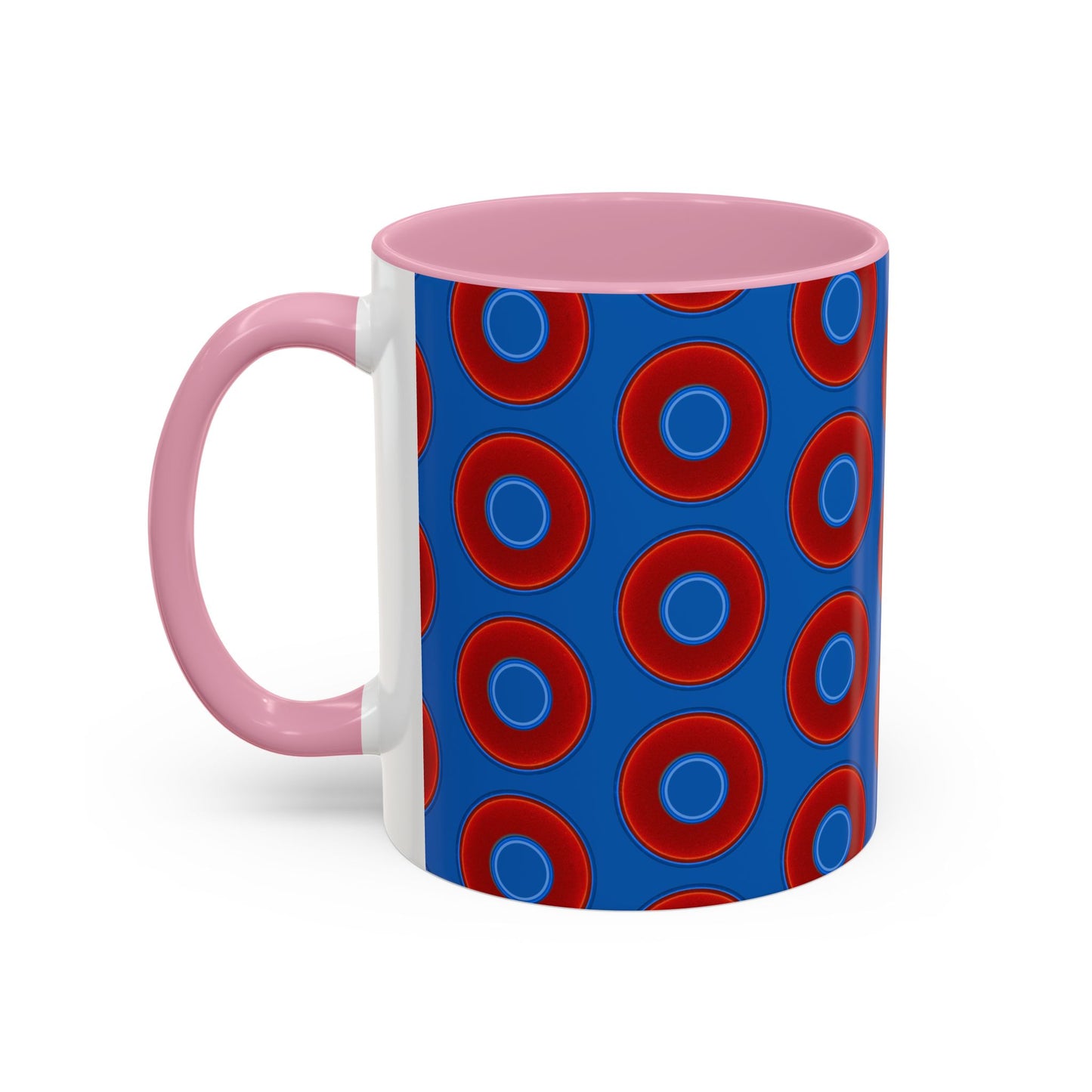 Lump's Grumpy Coffee Mug - vivid red donuts w/dark royal blue background