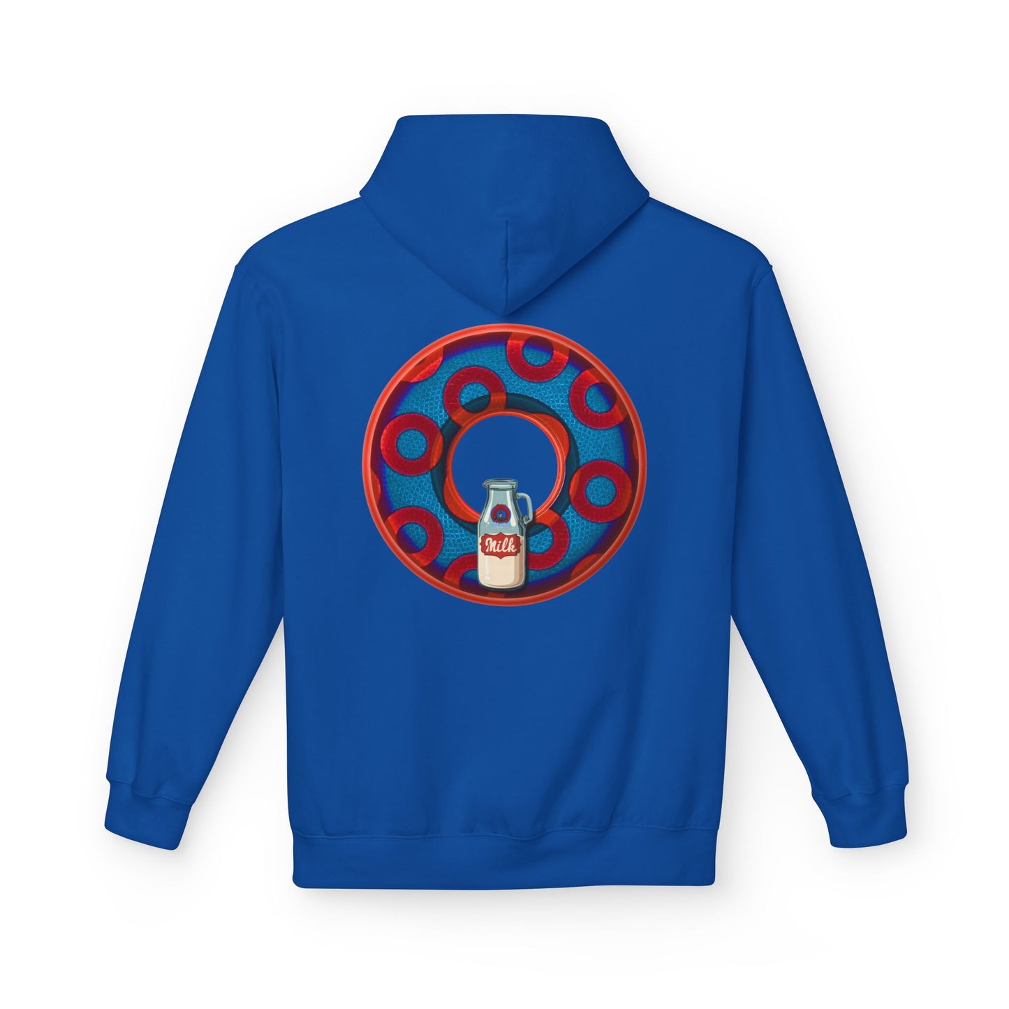 Fleece Harry Hoodies [Midweight Soft-style] - "Wooked Cream Dairy - YEMSG Donut" - blue/red rustic paradox donut - variant 1