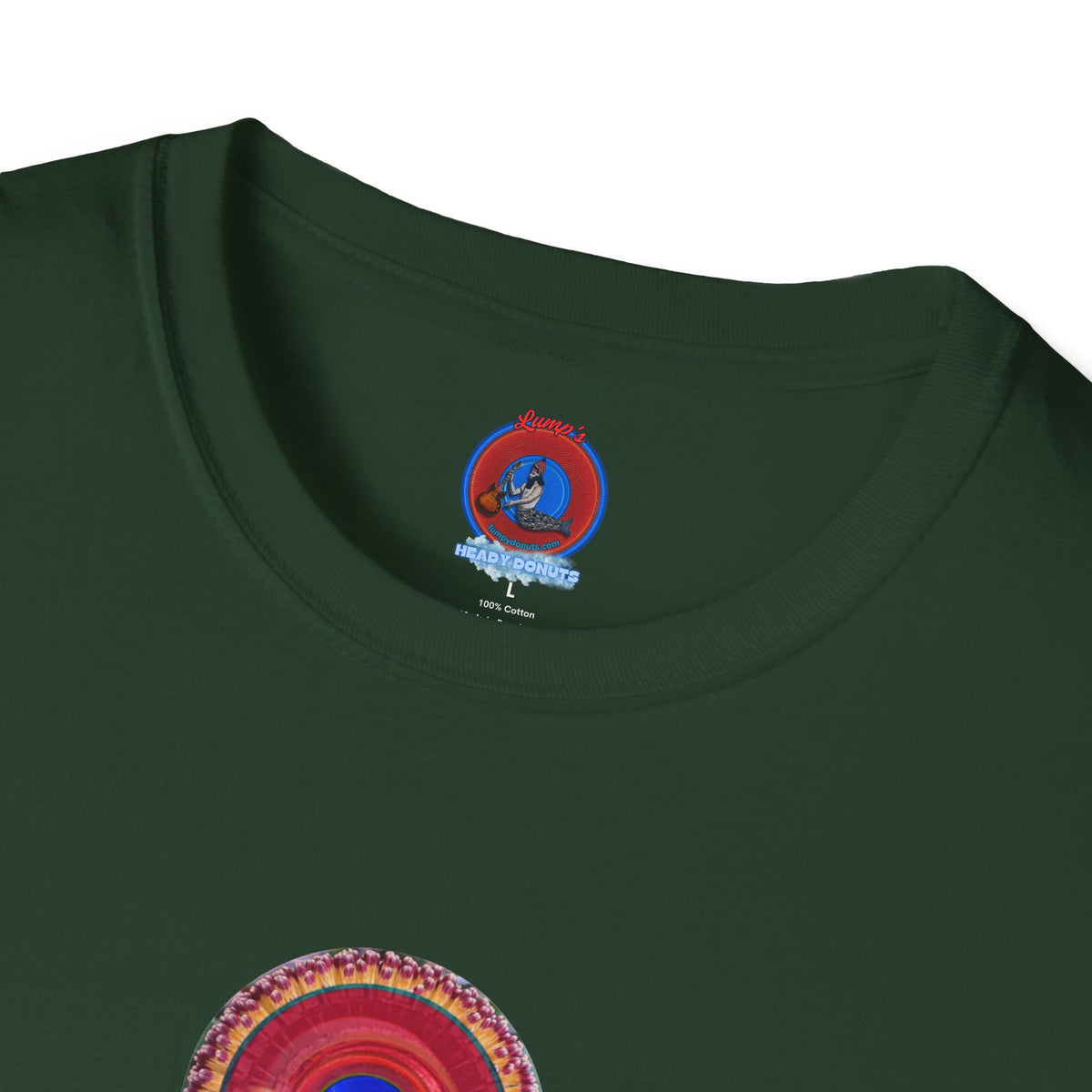 Classic Donut Tee - Unisex Soft-Style - "Smell the Donuts Outside on my Lawn"  " variant 2 - blue donut on red donut/flower