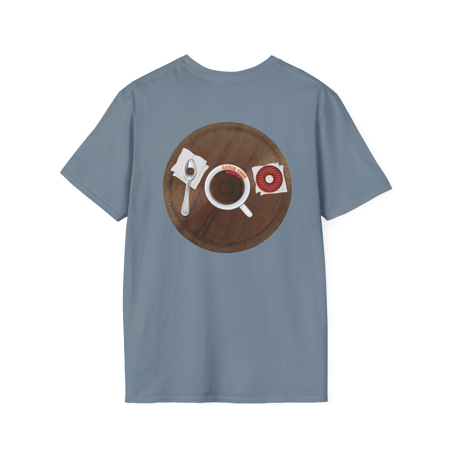 Classic Donut Tee - Unisex Soft-Style - "Coffee With My Donuts" - wooden table donut
