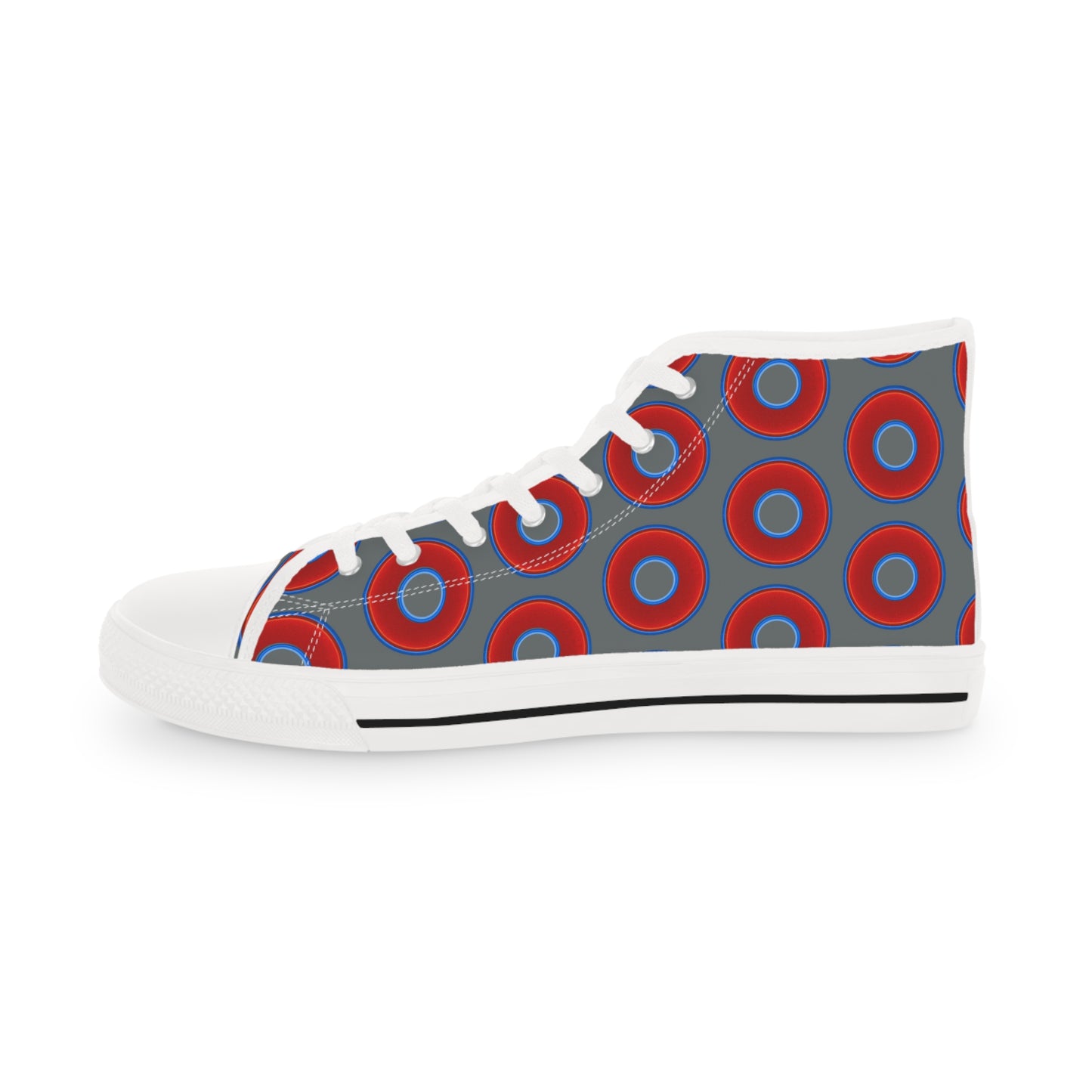 Men's High Top Chucks - large vivid red donut print w/dark gray background