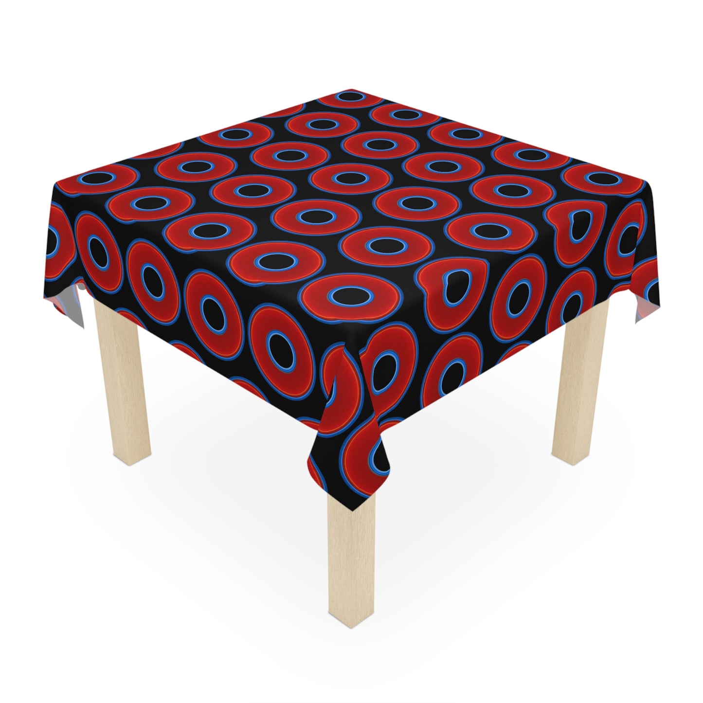 Lumpy Tablecloth - 55.1" x 55.1" - vivid red donuts w/black background