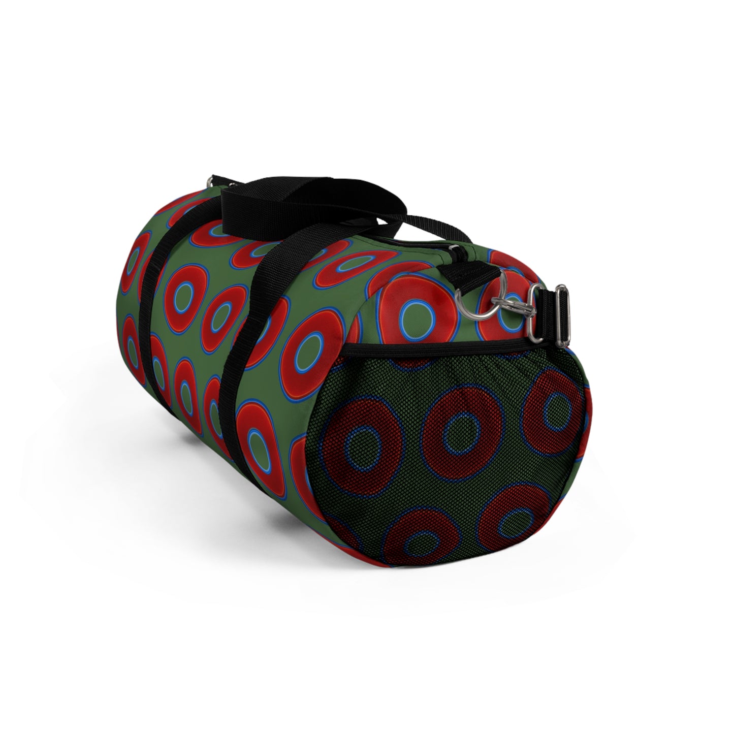 Lumpy Duffel - vivid red donuts w/dark green background