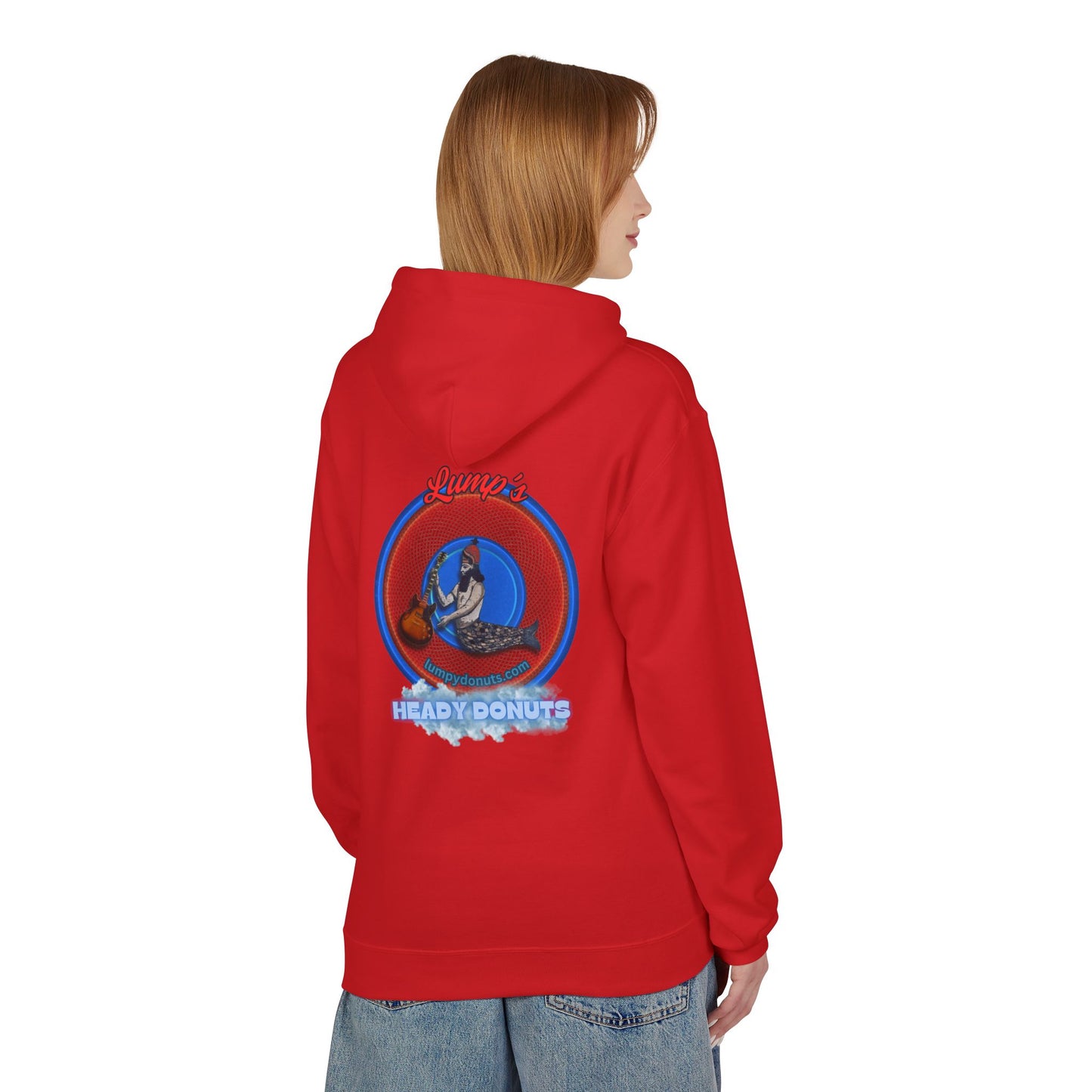Unisex Fleece Hoodie - [Midweight Soft-style] - "Lump's Heady Logo" - w/rustic red donuts
