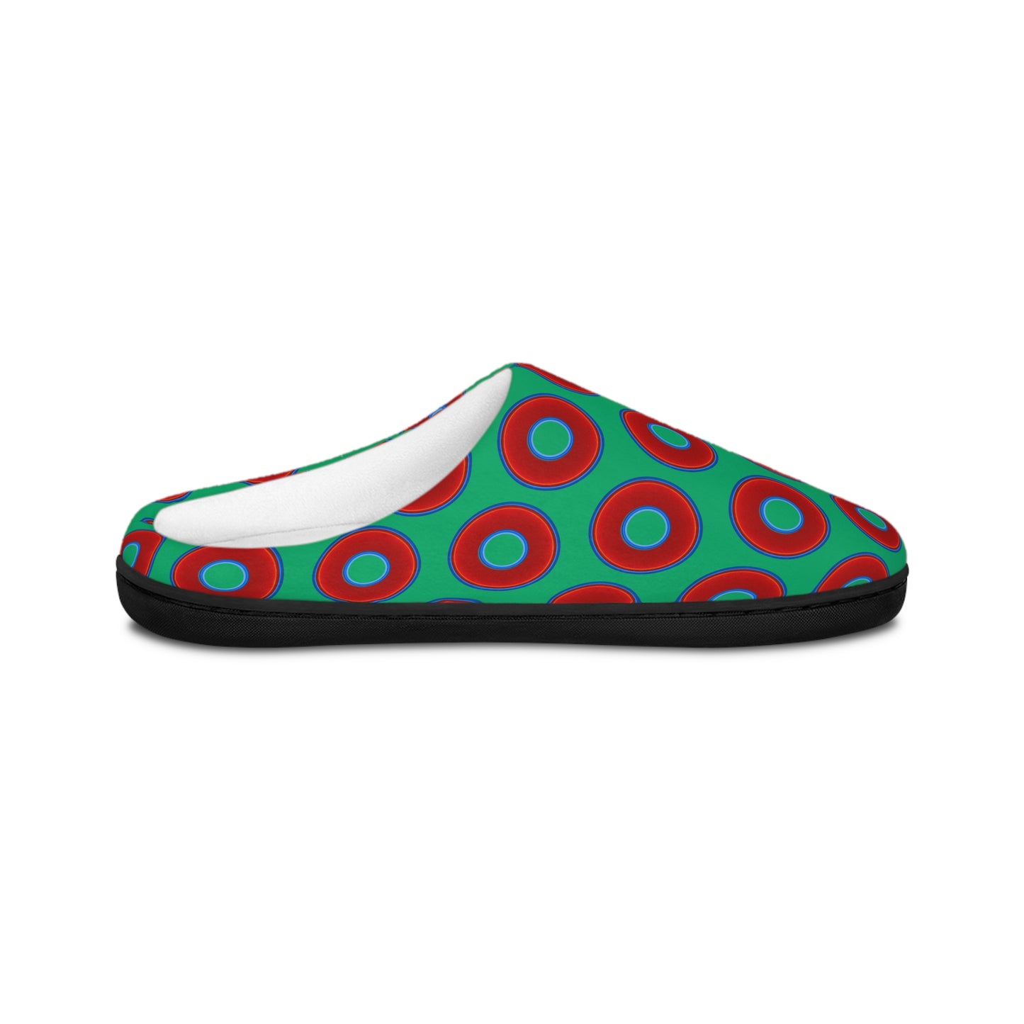 Women's Lumpy Slippers - red vivid donut print w/jade green background