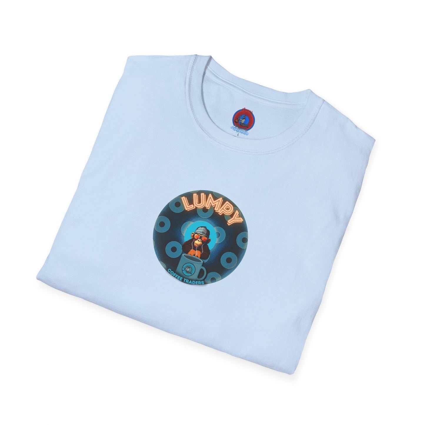 Coffee Traders Tee - Unisex Soft-Style - "Tasty Coffee" - paradoxical donut/cubed blue donut - variant 2 - logo front/It's Ice Cube's back