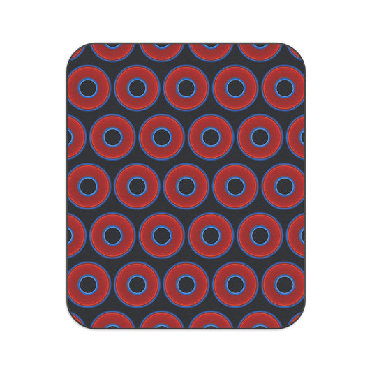 The Lumpy Party Blanket - giant water-resistant outdoor blanket [61" x 51"] - vivid red donuts w/blue charcoal background