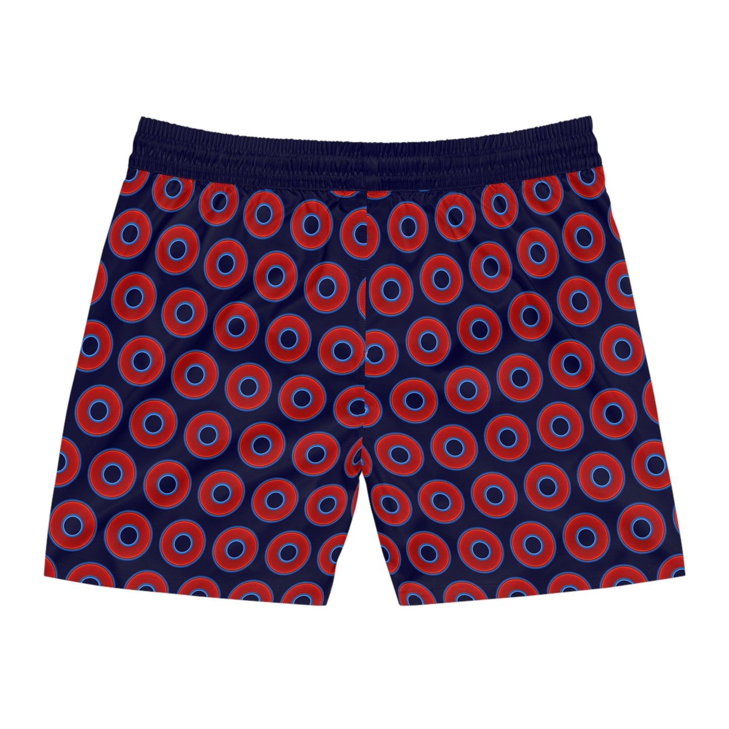 Men's Lumpy Swim Trunks - vivid red donut print w/midnight blue background