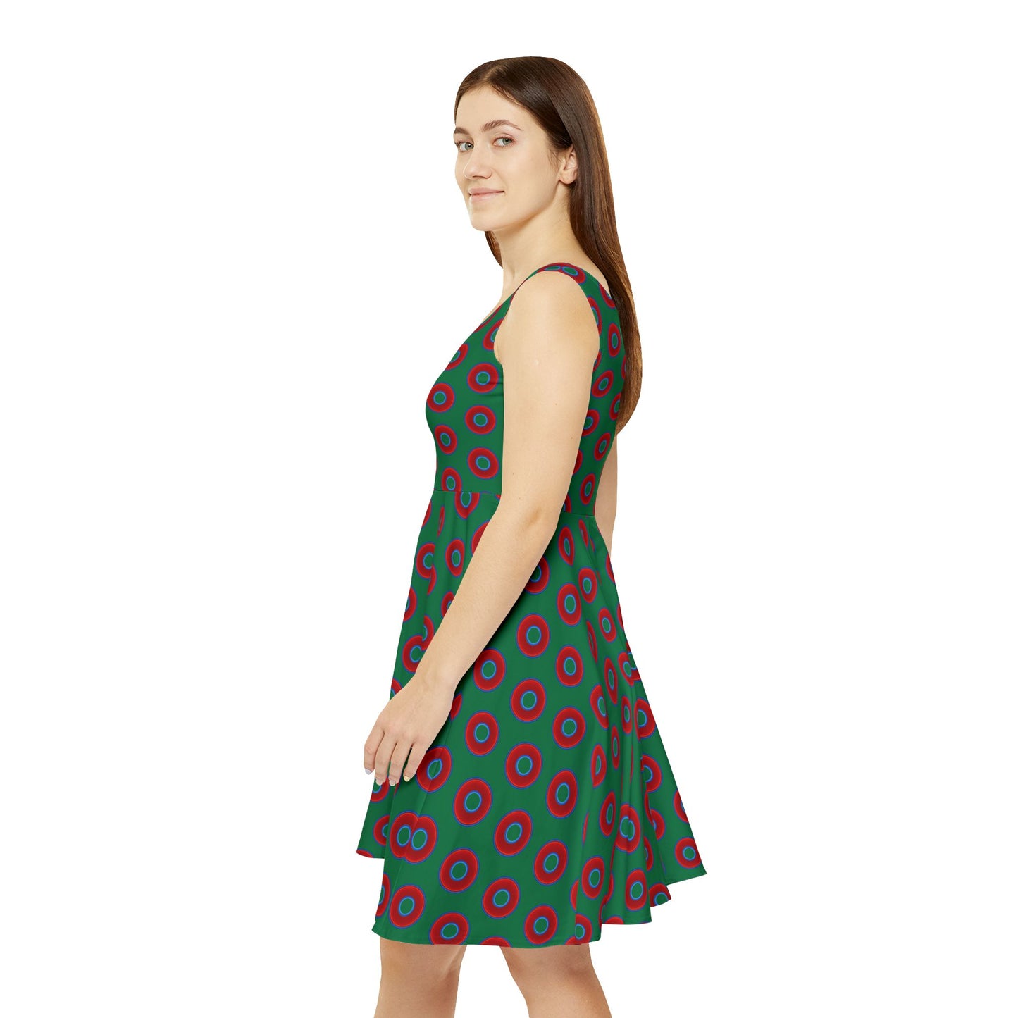 Women's Skater Donut Dress - vivid red donut print w/green background