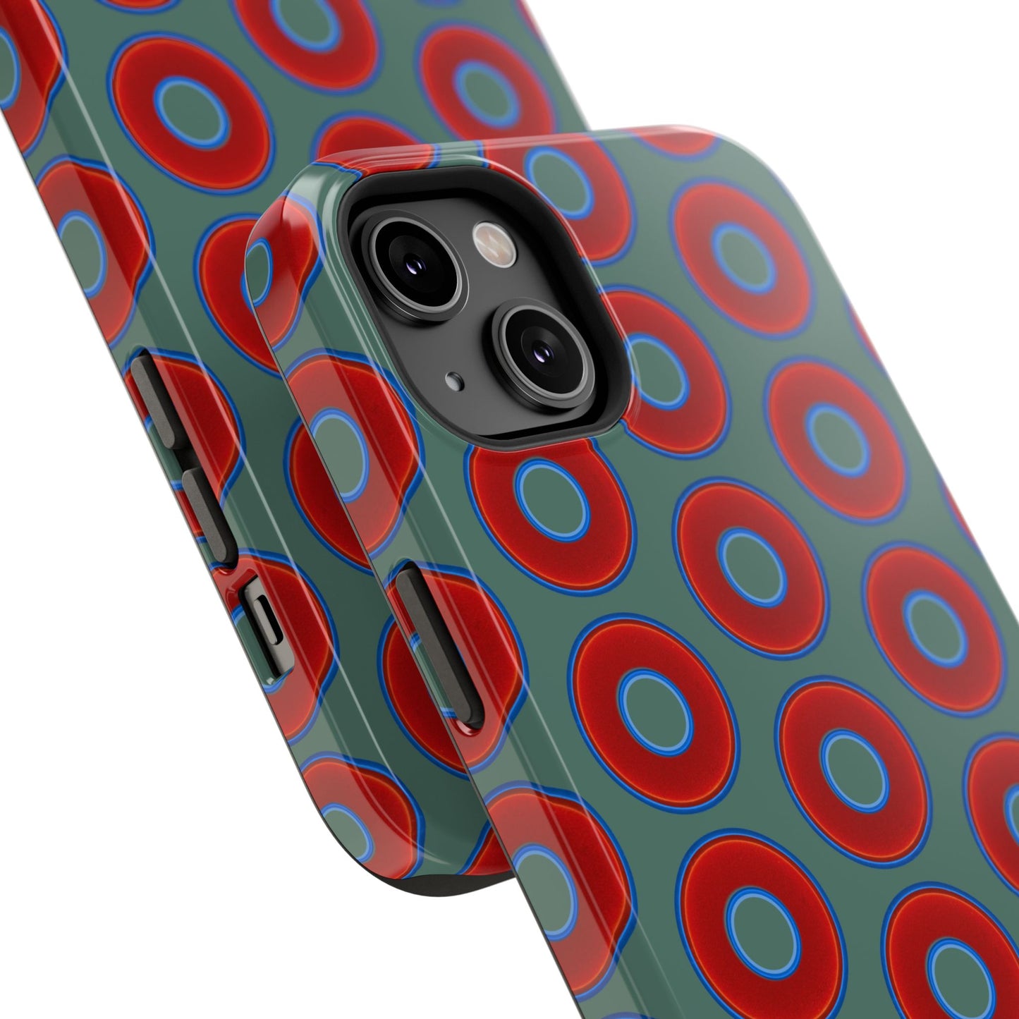 Impact-Resistant Lumpy Donut Case - red vivid donut print w/Fenway green background