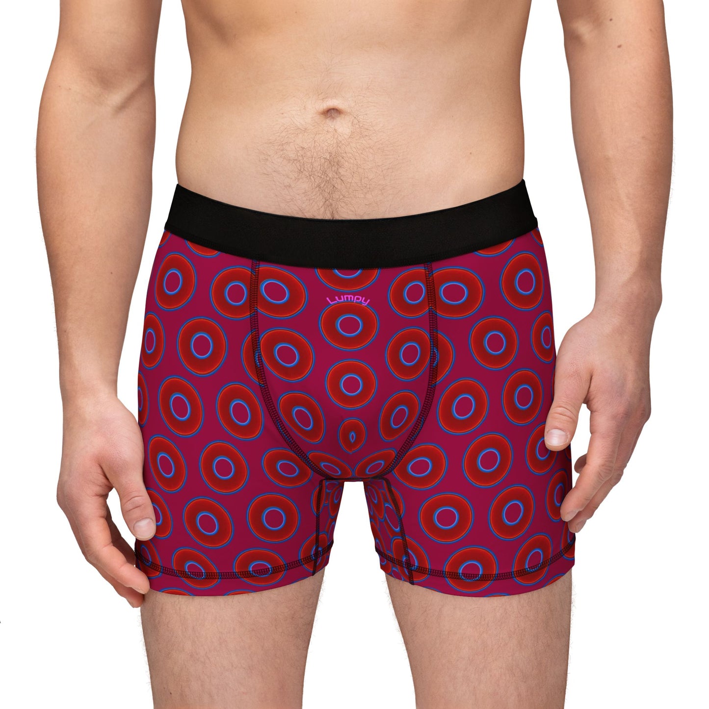 Men's Donut Boxers - red vivid donuts w/dark magenta background