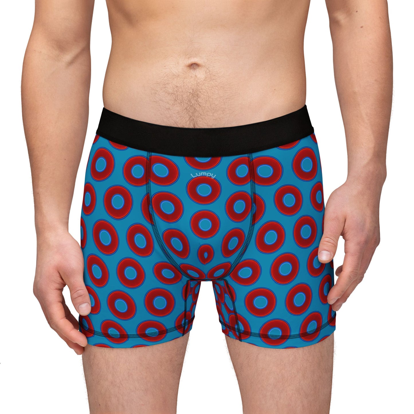 Men's Donut Boxers - red vivid donuts w/aquamarine blue background