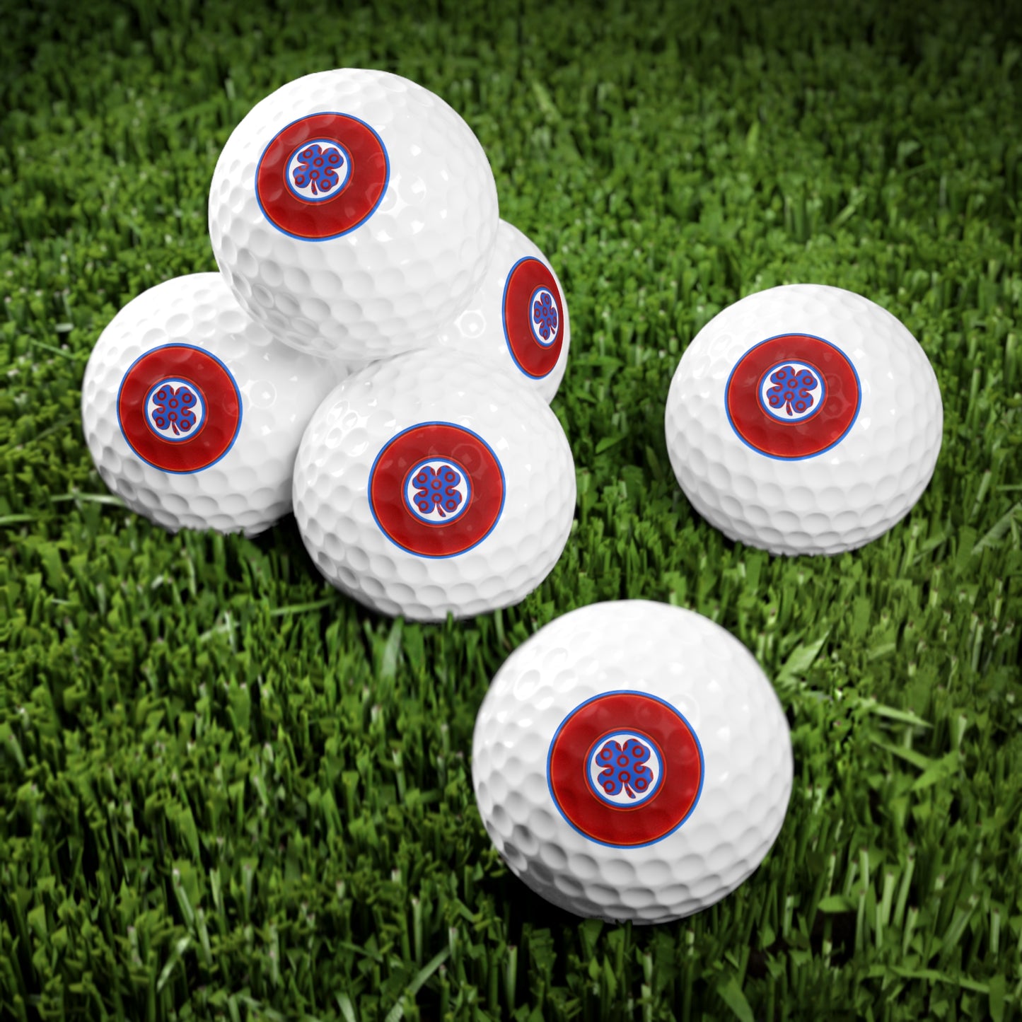 Lumpy Donut Golf Balls - 6-pack - "Patron Saint of Golf Balls" - vivid red/blue donut - w/4-leaf clover - variant 3