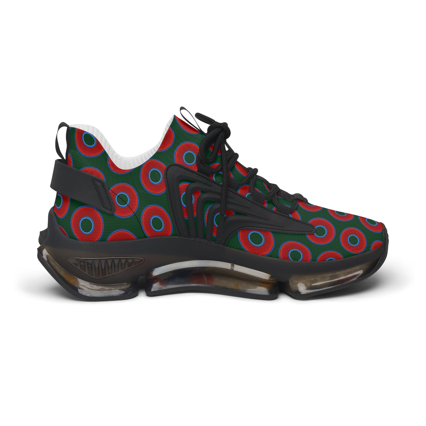 Women's Donut Kicks - red vivid donut print w/deep pond green background