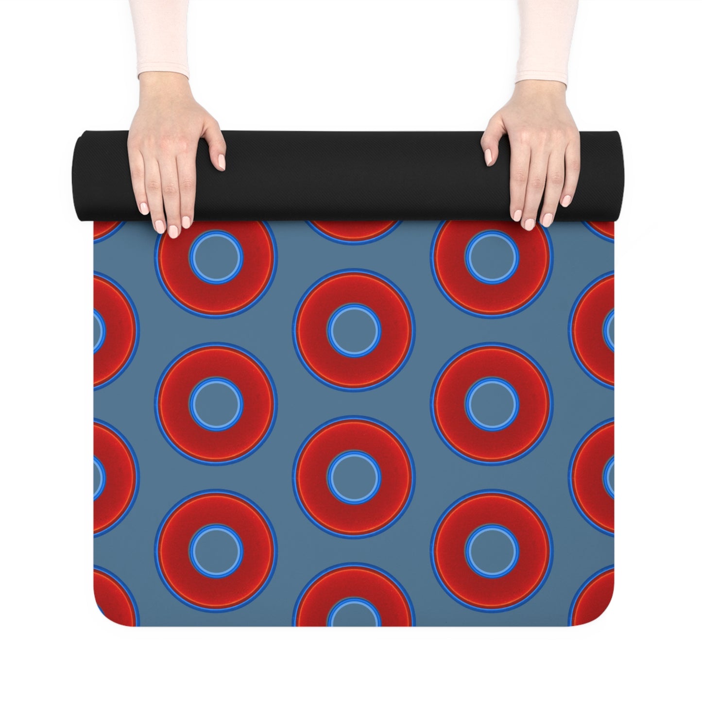 Lumpy Donut Yoga Mat :) - 24″ x 70" - vivid red donut print w/steel blue background
