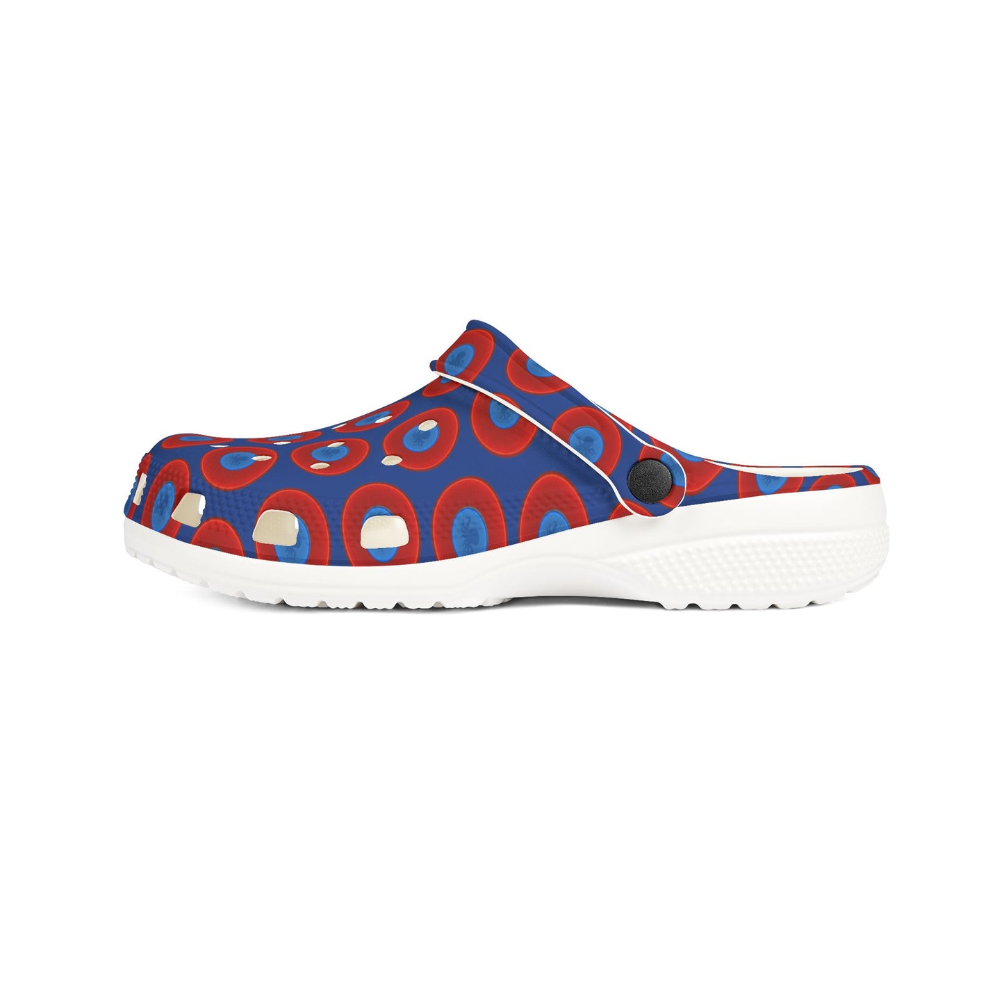 Spatchcocks - donut slip-on shoes - "Roger Moore's Octopussy Donut" - red vivid donuts w/dark blue background [unisex]