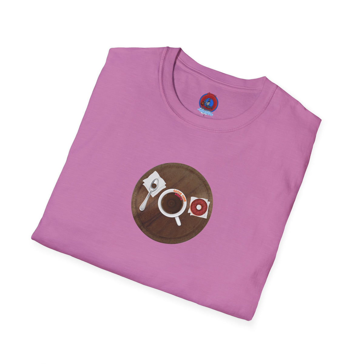 Classic Donut Tee - Unisex Soft-Style - "Coffee With My Donuts" - wooden table donut