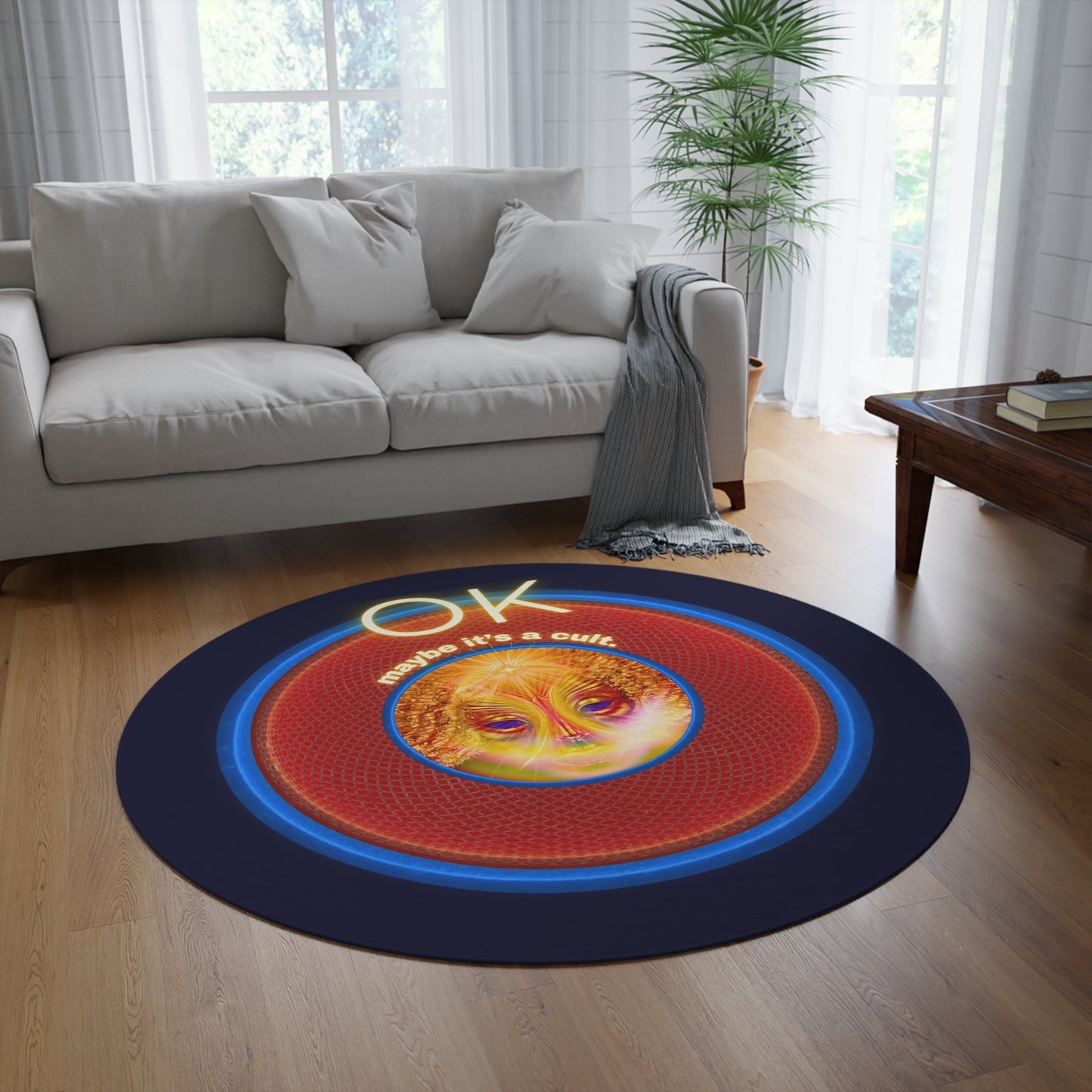 Round Room - 5 ft x 5 ft Lumpy Donut Rug - "Conjurers of Awesome Donuts" - rustic red/blue donut w/dark navy background - variant 3