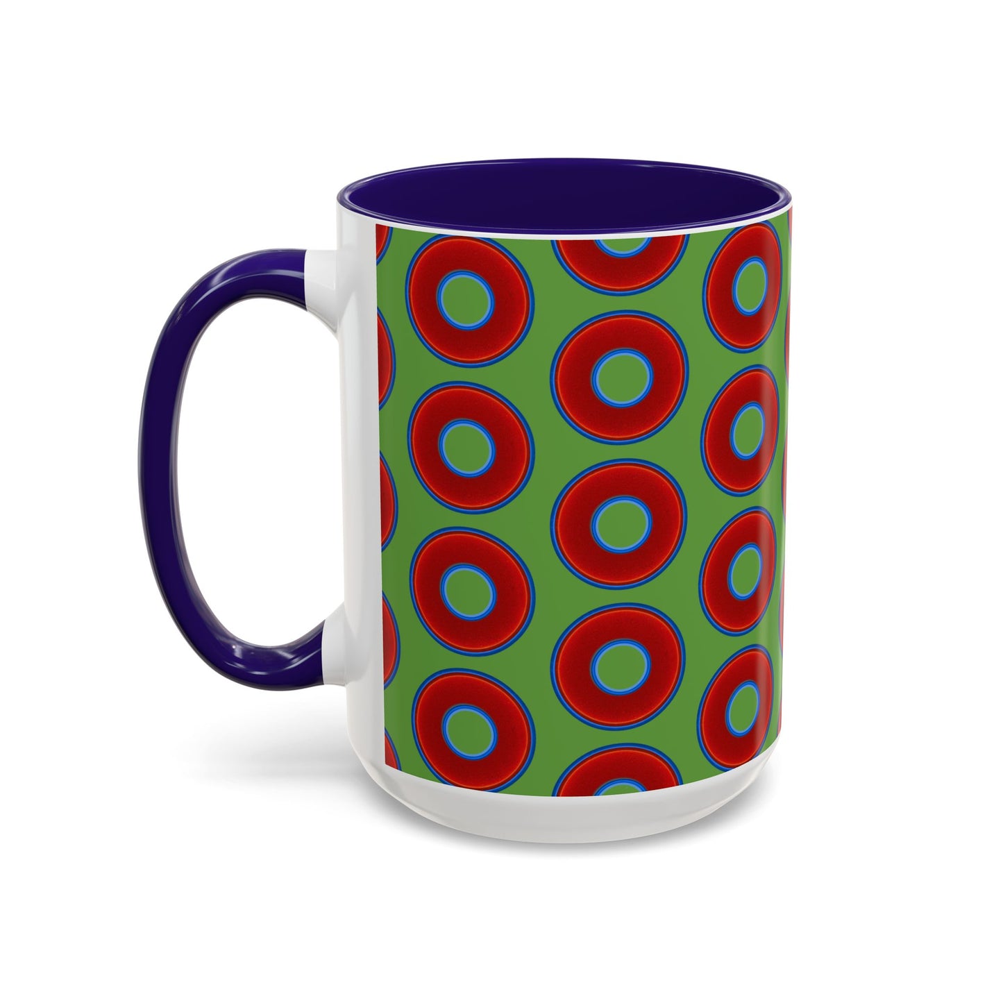 Lump's Grumpy Coffee Mug - vivid red donuts w/light green background