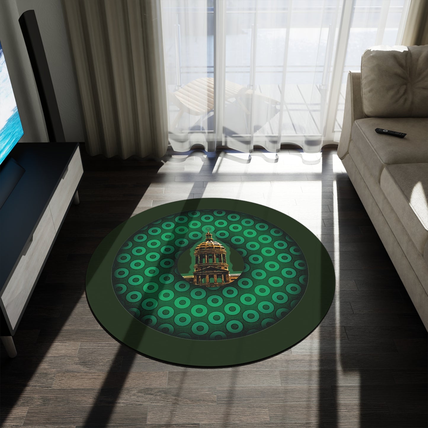 Round Room - 5 ft x 5 ft Lumpy Donut Rug - "Save Mondegreen City Hall Donut Rug" - paradoxical green/light green donut w/midnight moss green background - variant 1