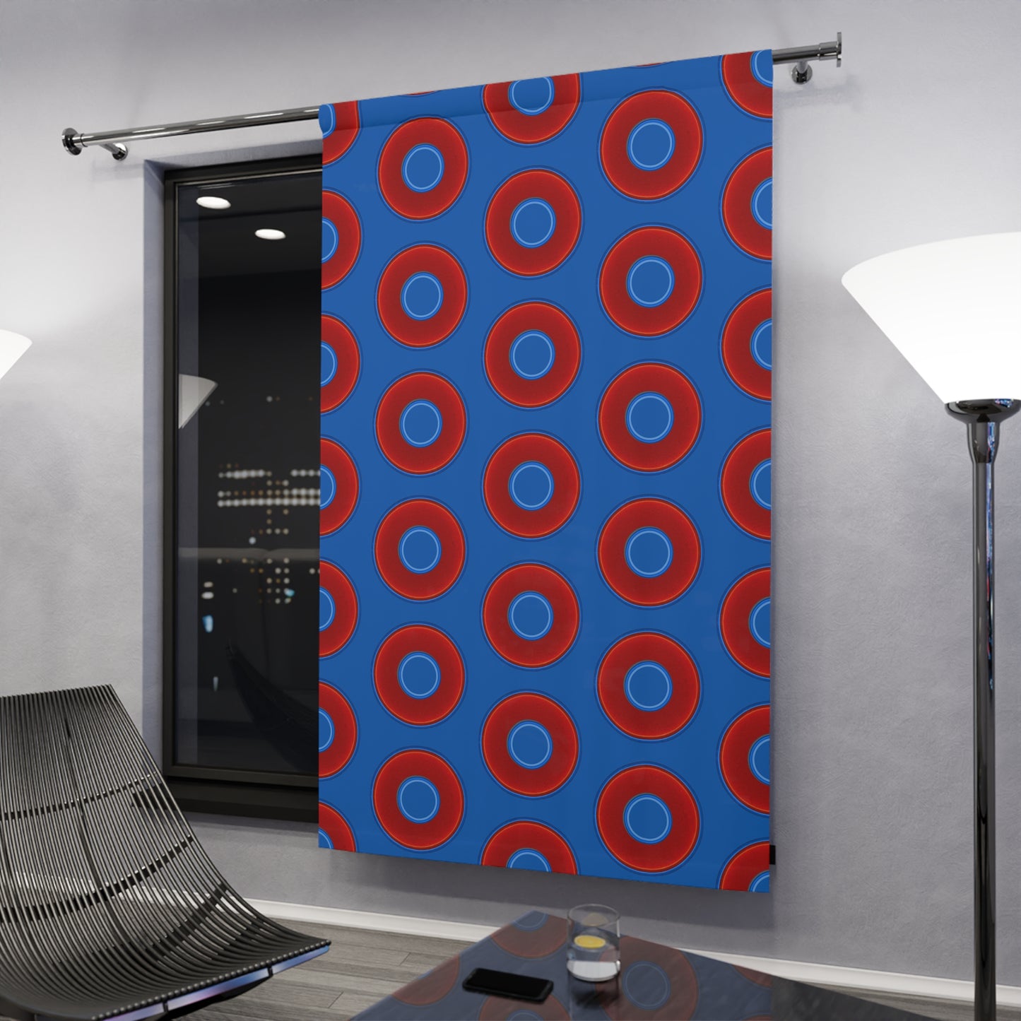 Lump's Heady Curtain w/Donuts - vivid red donut print - w/dark royal blue background - [*1 Piece / 50" x 84"]