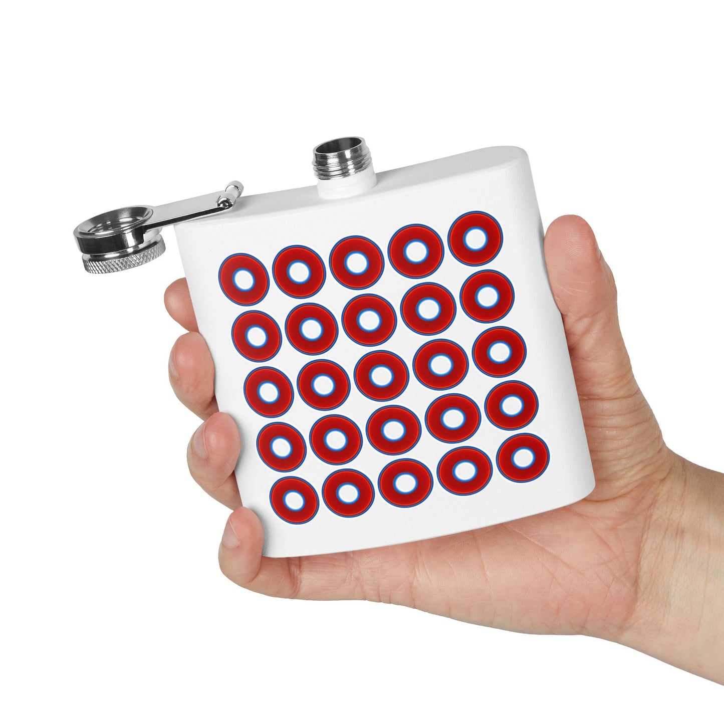 Lump's Donut Flask 6 oz - Lumpy Donut Print - red donuts - [*w/your choice of 9 backgrounds]