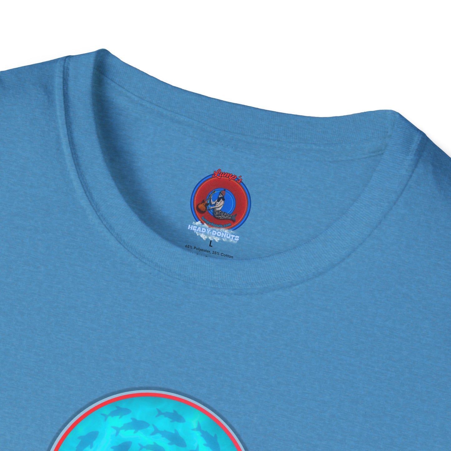 Classic Donut Tee - Unisex Soft-Style - "Skoolie of Phishies" - vivid sea donut - w/light blue water - variant 1