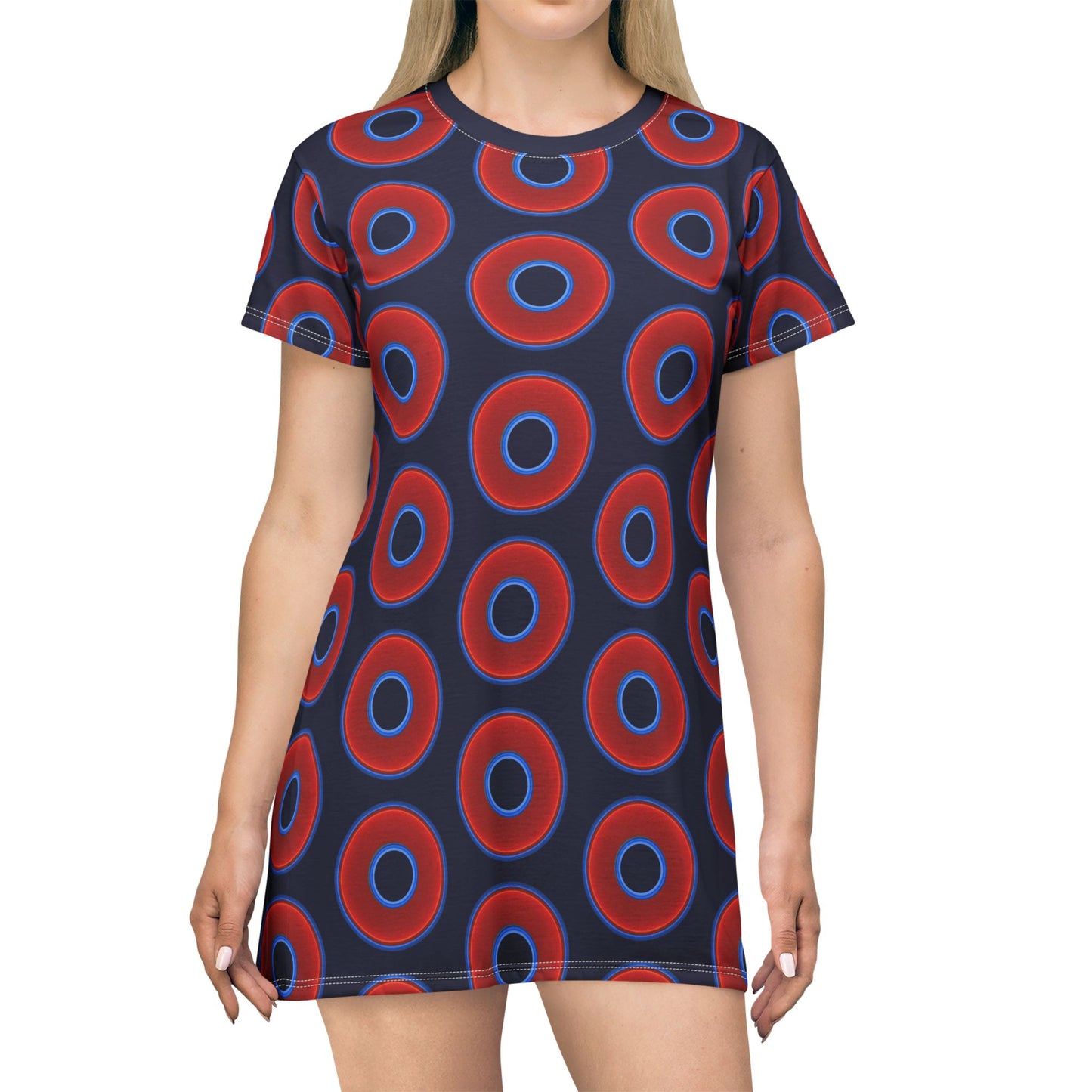 Not a Muumuu AOP Tee Shirt Dress - red vivid donuts w/dark navy blue background