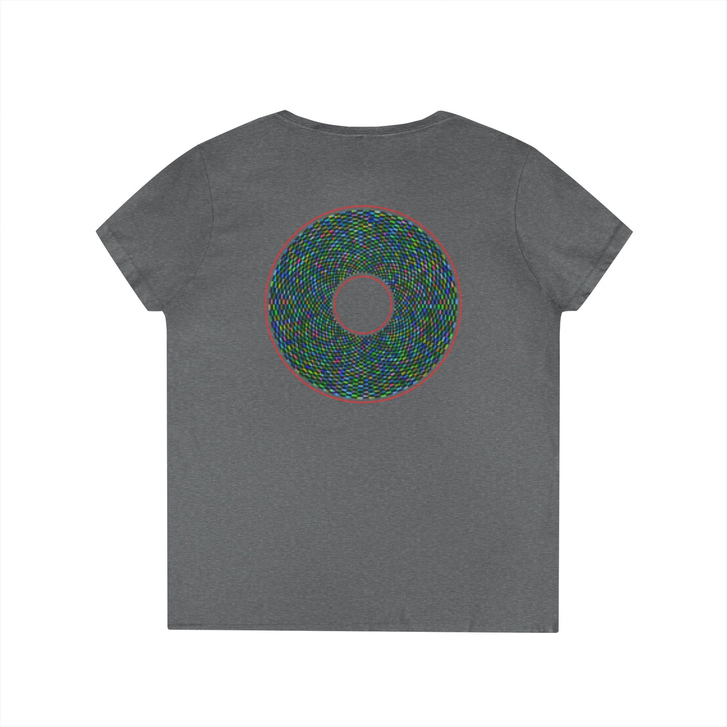 Women's Donut V-Neck Tee - "The Pixilated Donut" - multicolor pixel donut w/wide red outline