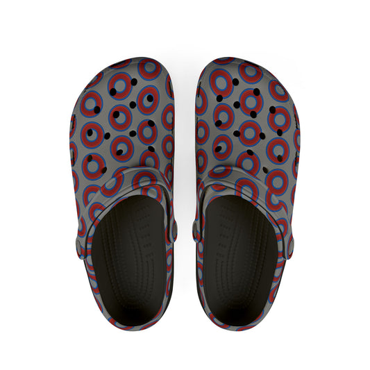 Spatchcocks - donut slip-on shoes - red rustic donuts w/gray background [unisex]