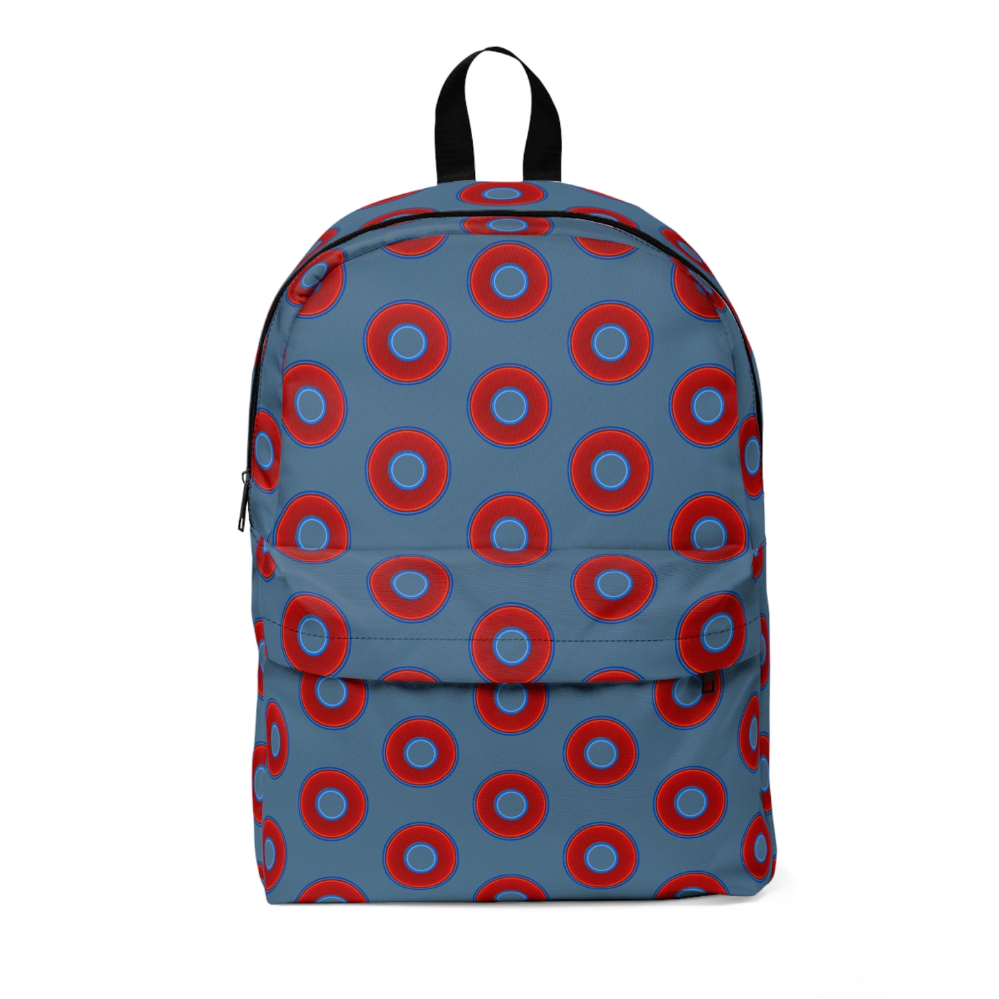 Donut Backpack - red vivid donuts w/steel blue background