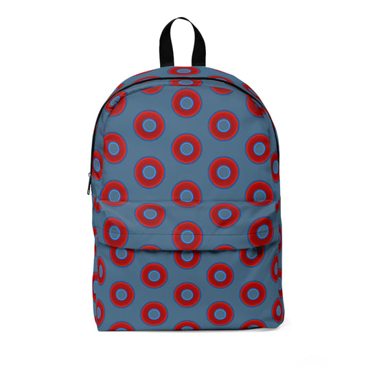 Donut Backpack - red vivid donuts w/steel blue background