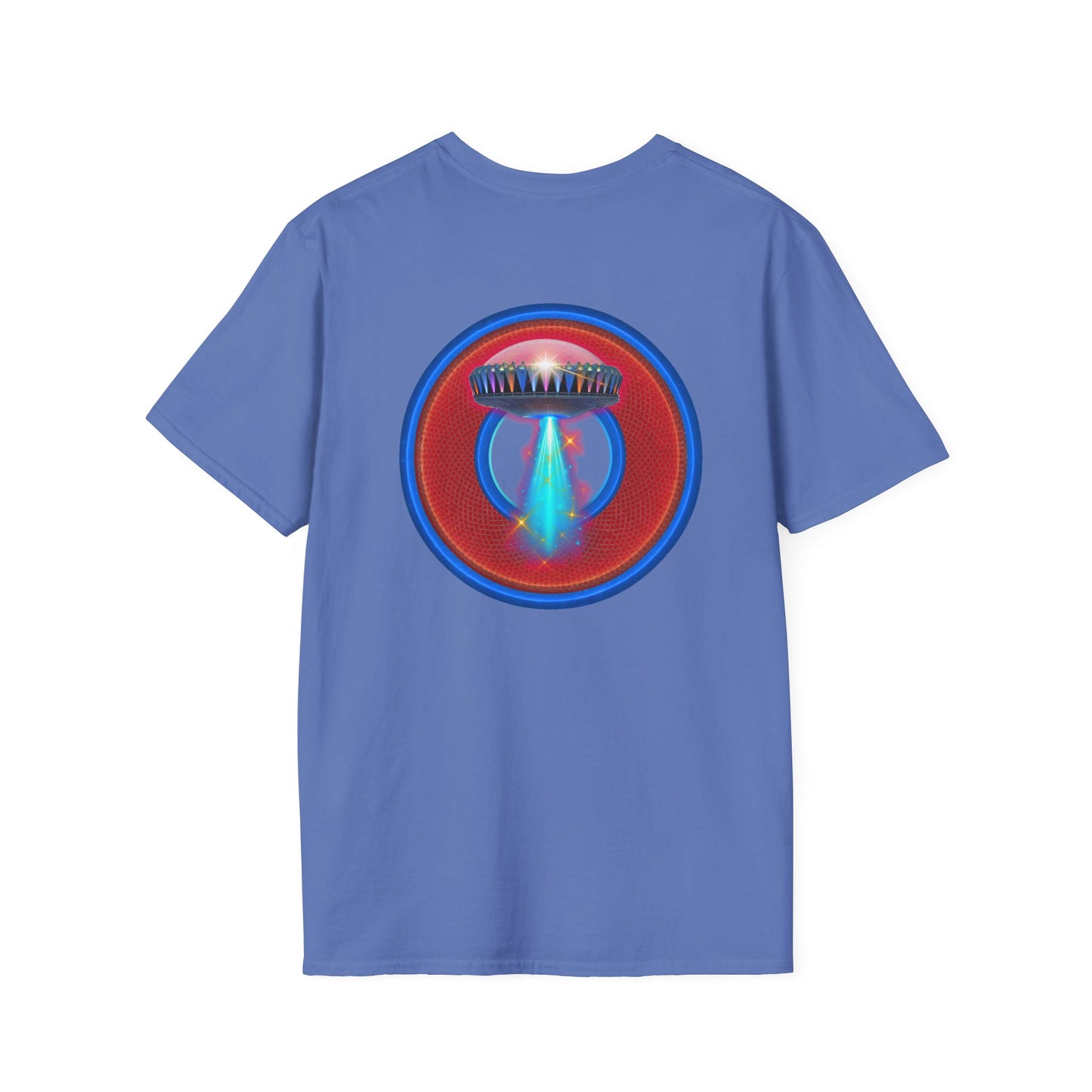 Classic Donut Tee - Unisex Soft-Style - "Donuts now Served on the Mothership" - red/blue donut