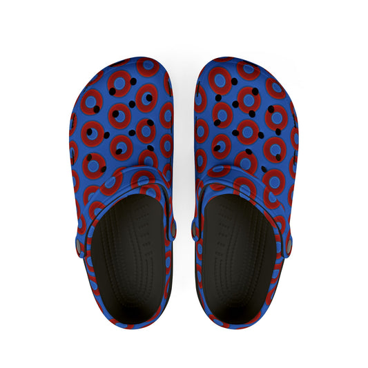 Spatchcocks - donut slip-on shoes - vivid red donuts w/medium royal blue background [unisex]