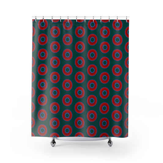 The Curtain With "Donuts" - Lumpy Bath Time Fun - vivid red donuts w/dark Fenway green background