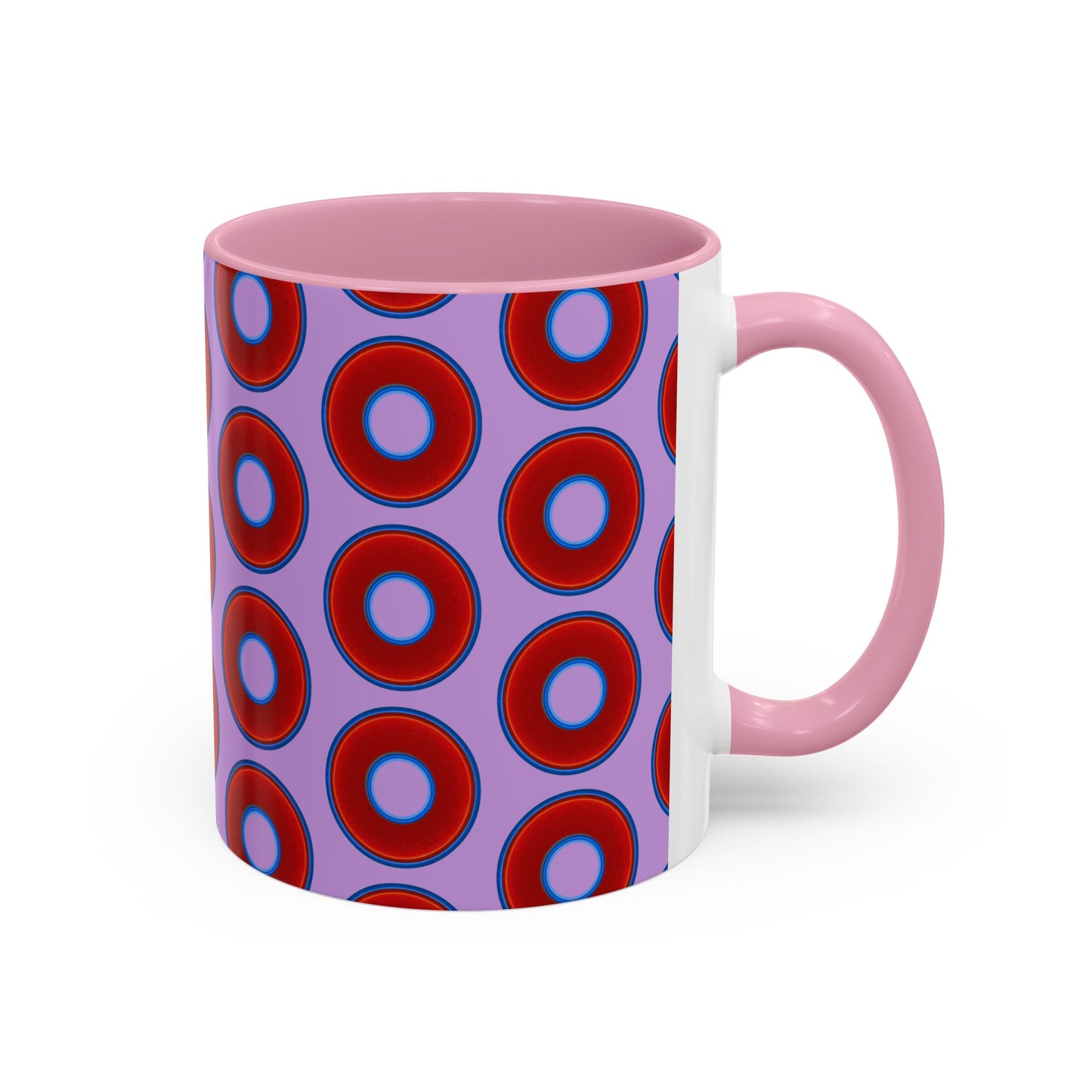 Lump's Grumpy Coffee Mug - vivid red donuts w/wisteria purple background