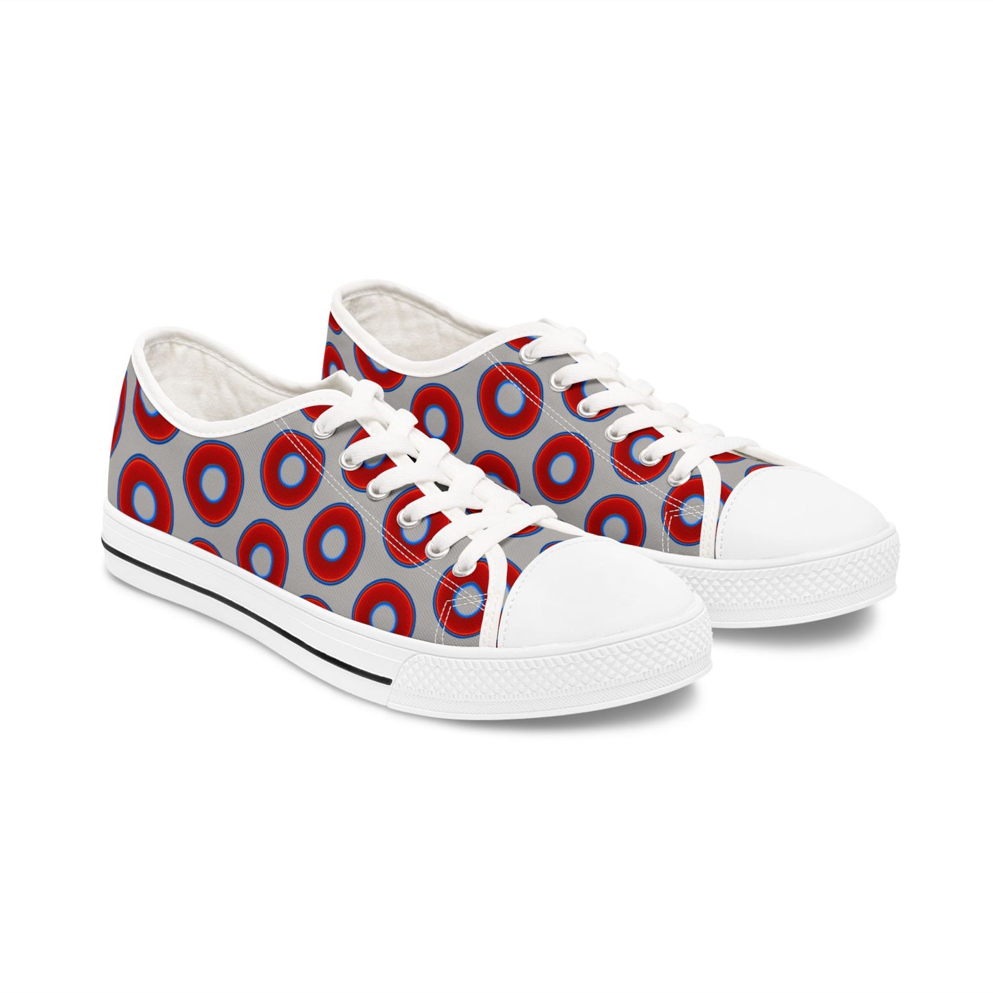 Women's - Low Top Chuck Taylors - large vivid red donut print w/light gray background