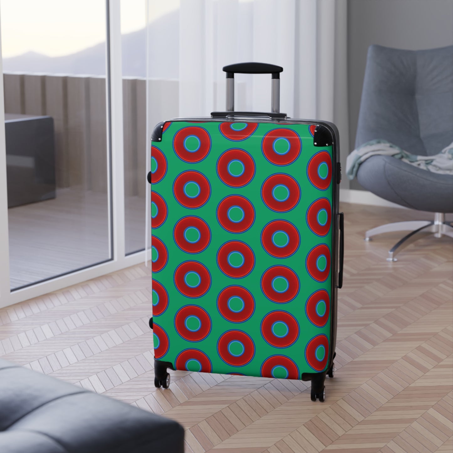 The Very Lumpy Donut Suitcase series - your choice of S, M or L - vivid red donut print w/jade green background