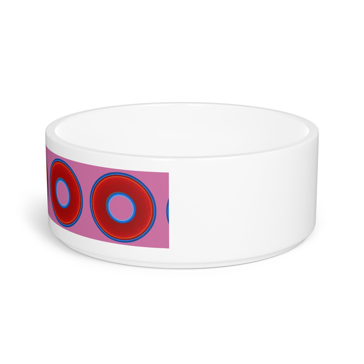 16 oz Lumpy Pet Bowl - vivid red donuts w/pink background