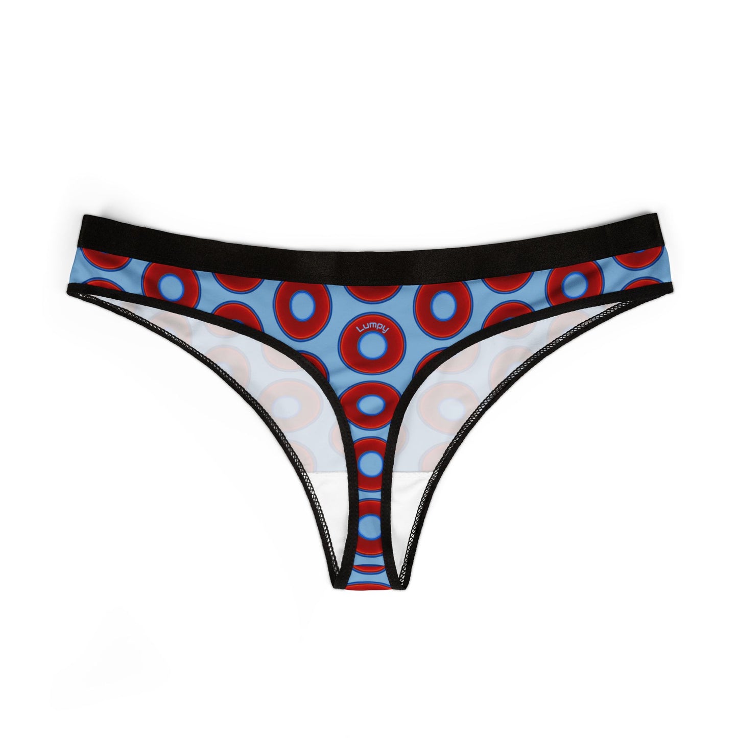 Lumpy Donut Thongs - red vivid donut print w/sky blue background