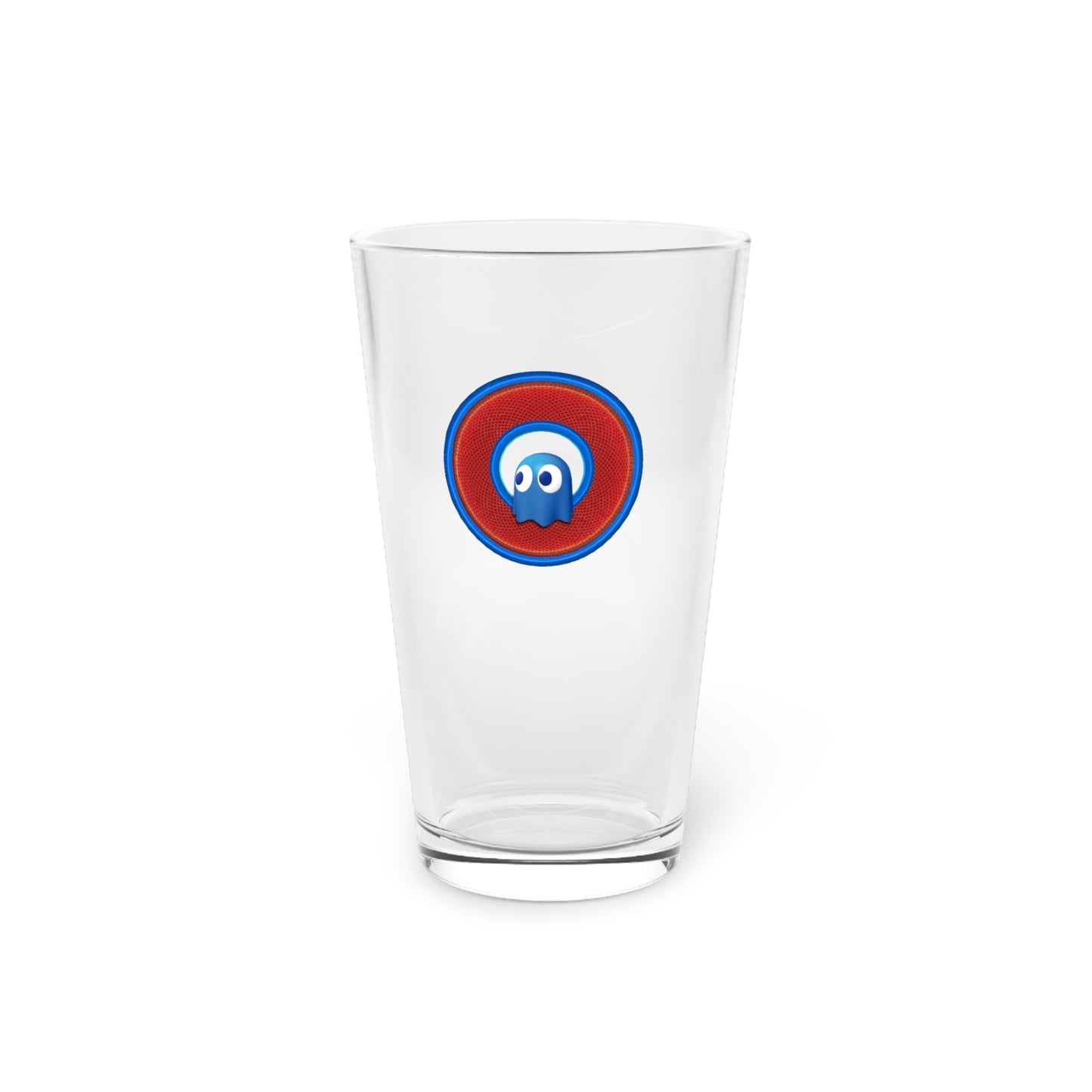 16oz Lumpy Pint Glass - "Story of the Pint Glass" - variant 1 - rustic red/blue donut